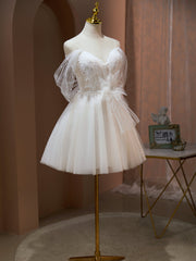Evening Dresses 2025, Off the Shoulder Champagne Tulle Prom Dress, Short Formal Homecoming Dress