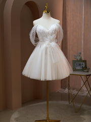 Evening Dress Designs, Off the Shoulder Champagne Tulle Prom Dress, Short Formal Homecoming Dress