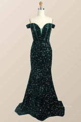 Prom Dress Places, Off the Shoulder Dark Green Sequin Mermaid Prom Dress