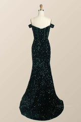 Prom Dress Trends 2059, Off the Shoulder Dark Green Sequin Mermaid Prom Dress