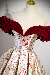 Party Dress Code Idea, Off the Shoulder Floral Satin Long Prom Dress, Cute A-Line Evening Dress with Velvet