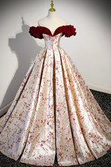 Party Dress Code Ideas, Off the Shoulder Floral Satin Long Prom Dress, Cute A-Line Evening Dress with Velvet