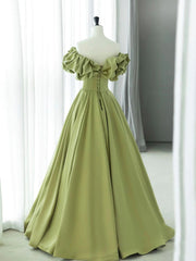 Formal Dress Style, Off the Shoulder Green Satin Long Prom Dresses, Green Satin Long Formal Evening Dresses