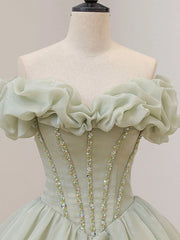 Formal Dress For Sale, Off the Shoulder Green Tulle Beaded Prom Dresses, Green Beaded Off Shoulder Formal Evening Dresses