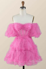 Homecoming Dresses Styles, Off the Shoulder Hot Pink Ruffles Short A-line Homecoming Dress