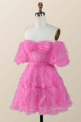 Homecoming Dress Styles, Off the Shoulder Hot Pink Ruffles Short A-line Homecoming Dress
