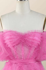 Homecoming Dresses Red, Off the Shoulder Hot Pink Ruffles Short A-line Homecoming Dress