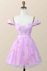 Formal Dresses Pink, Off the Shoulder Lavender Floral Embroidered Short Homecoming Dress