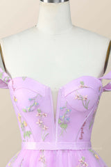 Formal Dresses Elegant Classy, Off the Shoulder Lavender Floral Embroidered Short Homecoming Dress