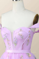Formal Dress Elegant Classy, Off the Shoulder Lavender Floral Embroidered Short Homecoming Dress