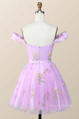 Formal Dress Short, Off the Shoulder Lavender Floral Embroidered Short Homecoming Dress