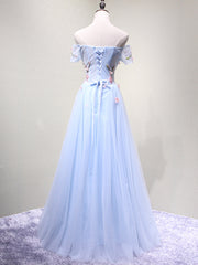 Ruffle Dress, Off the Shoulder Light Blue Floral Long Prom Dresses, Off Shoulder Light Blue Formal Evening Dresses