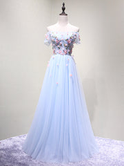 Light Blue Dress, Off the Shoulder Light Blue Floral Long Prom Dresses, Off Shoulder Light Blue Formal Evening Dresses