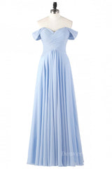 Homecomming Dresses Bodycon, Off the Shoulder Light Sky Blue Chiffon Long Bridesmaid Dress