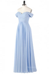 Homecoming Dress Bodycon, Off the Shoulder Light Sky Blue Chiffon Long Bridesmaid Dress