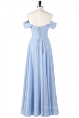 Homecomming Dress With Sleeves, Off the Shoulder Light Sky Blue Chiffon Long Bridesmaid Dress