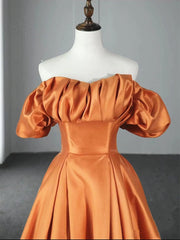 Party Dresses And Jumpsuits, Off the Shoulder Orange Satin Long Prom Dresses, Orange Long Satin Formal Evening Dresses