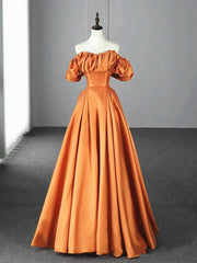 Party Dresses Jumpsuits, Off the Shoulder Orange Satin Long Prom Dresses, Orange Long Satin Formal Evening Dresses