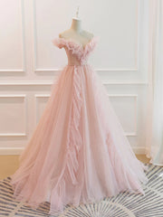 Formal Dress Long Sleeved, Off the Shoulder Pink Tulle Beaded Long Prom Dresses, Pink Tulle Long Formal Dress