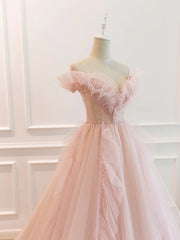 Formal Dresses Long Sleeved, Off the Shoulder Pink Tulle Beaded Long Prom Dresses, Pink Tulle Long Formal Dress