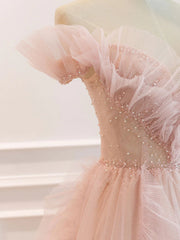 Formal Dresses Long Sleeves, Off the Shoulder Pink Tulle Beaded Long Prom Dresses, Pink Tulle Long Formal Dress