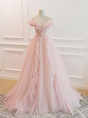 Formal Dress Long Sleeve, Off the Shoulder Pink Tulle Beaded Long Prom Dresses, Pink Tulle Long Formal Dress
