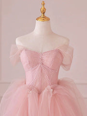 Formal Dresses With Tulle, Off the Shoulder Pink Tulle Long Prom Dresses, Pink Tulle Long Formal Evening Dresses