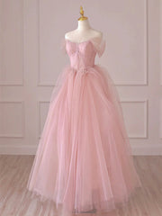 Formal Dresses Fall, Off the Shoulder Pink Tulle Long Prom Dresses, Pink Tulle Long Formal Evening Dresses