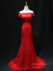 Mermaid Wedding Dress, Off the Shoulder Red Mermaid Lace Prom Dresses, Red Mermaid Lace Formal Bridesmaid Dresses