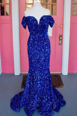 Bridesmaids Dresses Near Me, Off the Shoulder Royal Blue Sequins Mermaid Long Formal Dress,Prom Dresses
