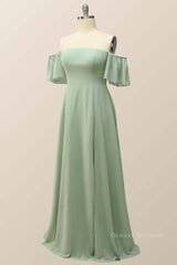 Party Dresses 2059, Off the Shoulder Sage Green Chiffon Long Bridesmaid Dress