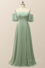 Party Dress Cheap, Off the Shoulder Sage Green Chiffon Long Bridesmaid Dress