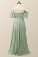 Party Dress Online, Off the Shoulder Sage Green Chiffon Long Bridesmaid Dress