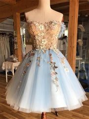 Prom Dress Corset Ball Gown, Off the Shoulder Short Blue Lace Floral Prom Dresses, Off the Shoulder Short Blue Lace Graduation Homecoming Dresses