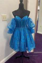 Formal Dresses With Sleeves, Off the Shoulder Short Blue Lace Prom Dresses, Short Blue Lace Formal Homecoming Dresses