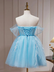 Prom Ideas, Off the Shoulder Short Blue Prom Dresses, Short Blue Lace Formal Homecoming Dresses