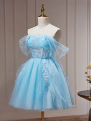 Homecoming, Off the Shoulder Short Blue Prom Dresses, Short Blue Lace Formal Homecoming Dresses