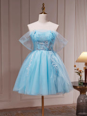 On Shoulder Dress, Off the Shoulder Short Blue Prom Dresses, Short Blue Lace Formal Homecoming Dresses