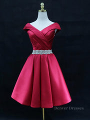 Party Dress Design, Off the Shoulder Short Burgundy Prom Dresses, Short Wine Red Formal Graduation Homecoming Dresses