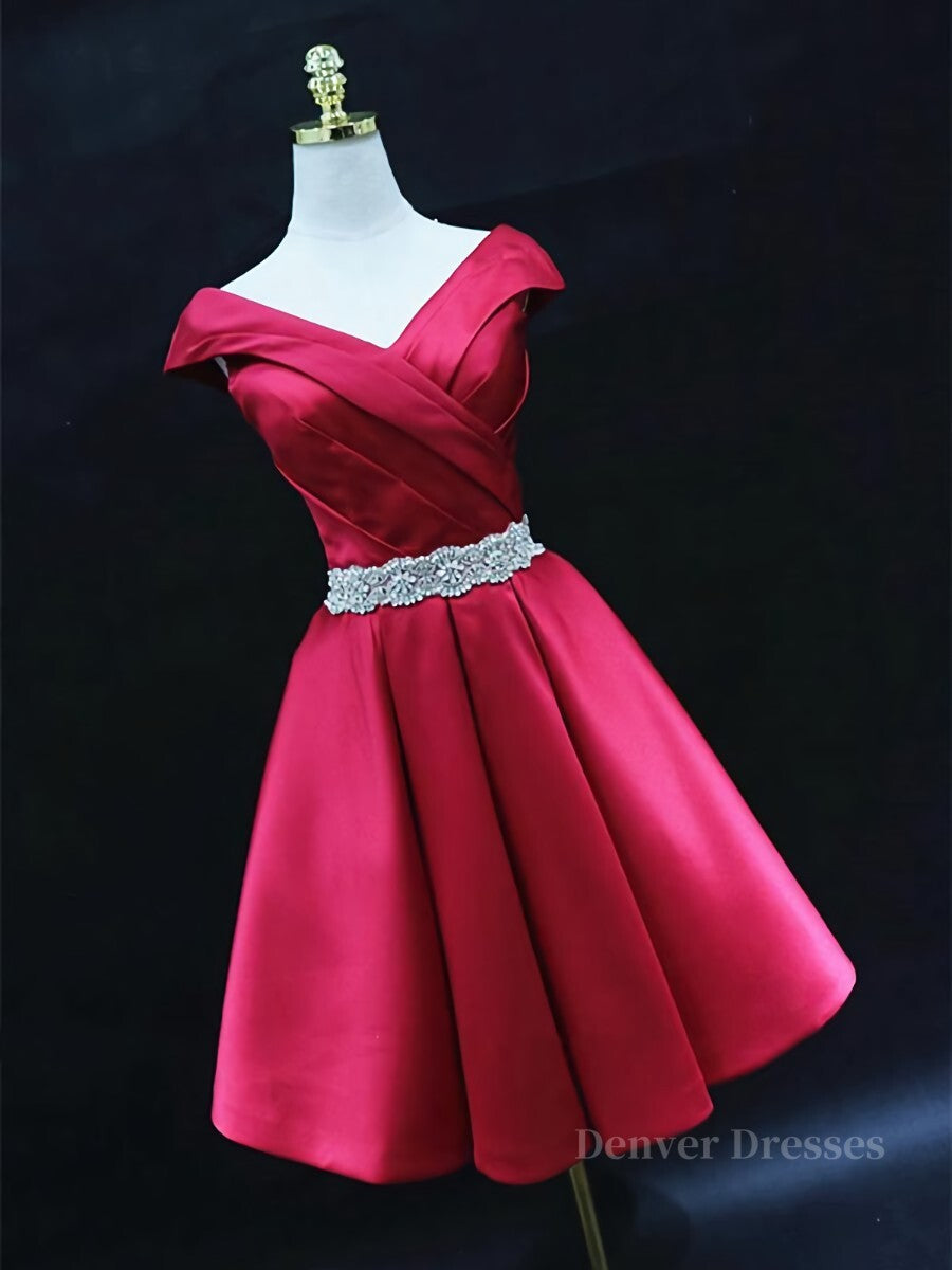 Party Dress Designs, Off the Shoulder Short Burgundy Prom Dresses, Short Wine Red Formal Graduation Homecoming Dresses