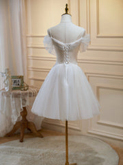 Evening Dress Vintage, Off the Shoulder Short Champagne Tulle Prom Dresses, Short Formal Homecoming Dress