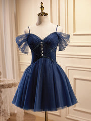 Party Dress Halter Neck, Off the Shoulder Short Navy Blue Prom Dresses, Dark Blue Off Shoulder Graduation Homecoming Dresses