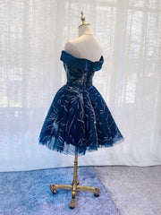 Flowy Dress, Off the Shoulder Short Navy Blue Prom Dresses, Short Dark Blue Formal Homecoming Dresses