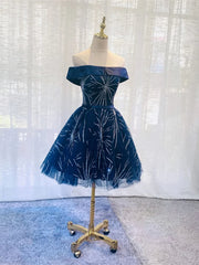 Prom Outfit, Off the Shoulder Short Navy Blue Prom Dresses, Short Dark Blue Formal Homecoming Dresses