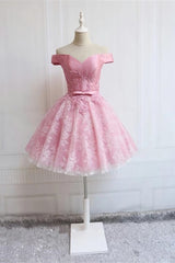 Prom Dress Store Near Me, Off the Shoulder Short Pink Lace Prom Dresses, Short Pink Lace Graduation Homecoming Dresses