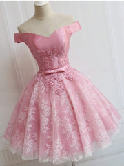 Prom Dresses V Neck, Off the Shoulder Short Pink Lace Prom Dresses, Short Pink Lace Graduation Homecoming Dresses