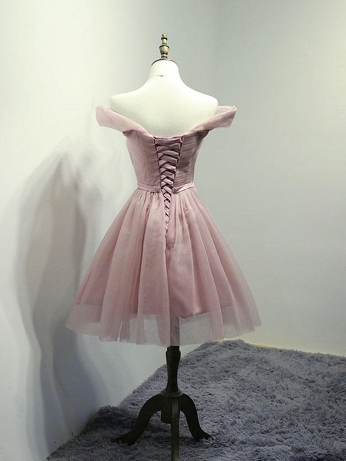 Prom Dress For Teens, Off the Shoulder Short Pink Tulle Prom Dresses, Short Pink Formal Bridesmaid Dresses