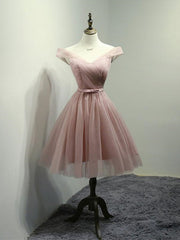 Prom Dress Short, Off the Shoulder Short Pink Tulle Prom Dresses, Short Pink Formal Bridesmaid Dresses