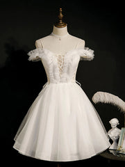 Evening Dresses Fitted, Off the Shoulder Short White Lace Prom Dresses, Short White Lace Formal Homecoming Dresses