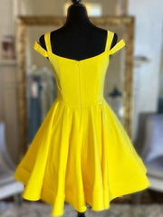 Prom Dresses Classy, Off the Shoulder Short Yellow Satin Prom Dresses, Short Yellow Satin Formal Homecoming Dresses